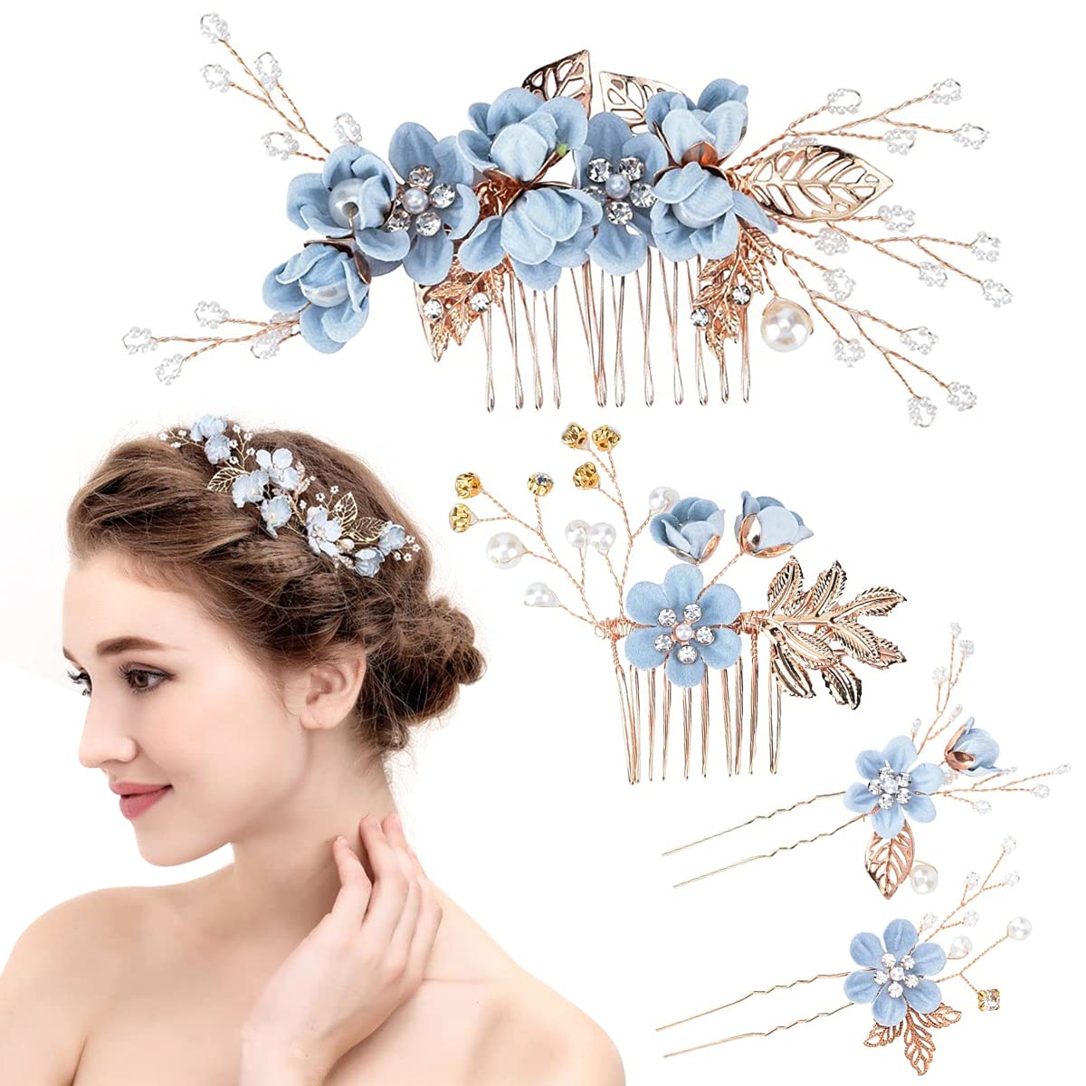 SANNIDHI 4pcs Floral Bridal Hair Accessories for Wedding, Faux Pearl Hair Clips Crystal Hair Side Comb Pins, Handmade Gold Leaf U-shaped Headpiece for Women, Girls, Bride, Bridesmaid, Party, Dating SANNIDHI 4pcs Floral Bridal Hair Accessories for Wedding, Faux Pearl Hair Clips Crystal Hair Side Comb Pins, Handmade Gold Leaf U-shaped Headpiece for Women, Girls, Bride, Bridesmaid, Party, Dating